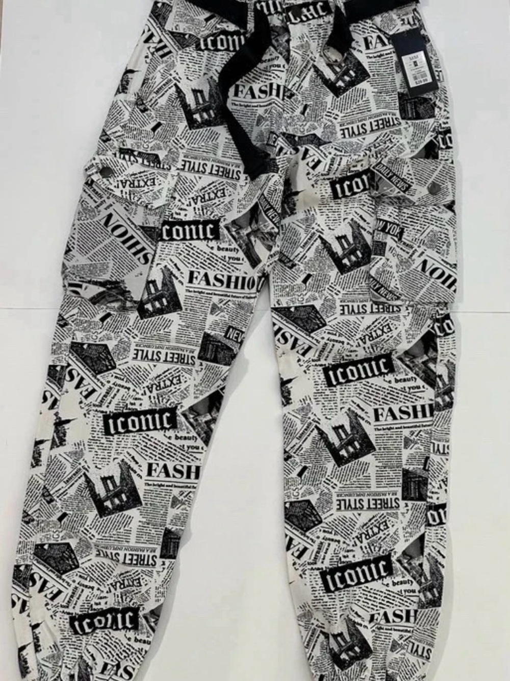 Streetwear Society Black & White Newspaper Print Joggers with Drawstring